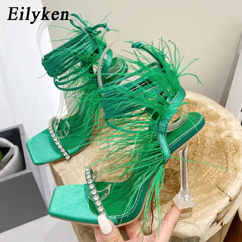 Green Rhinestone Feather Lace-up Square Toe High Heels