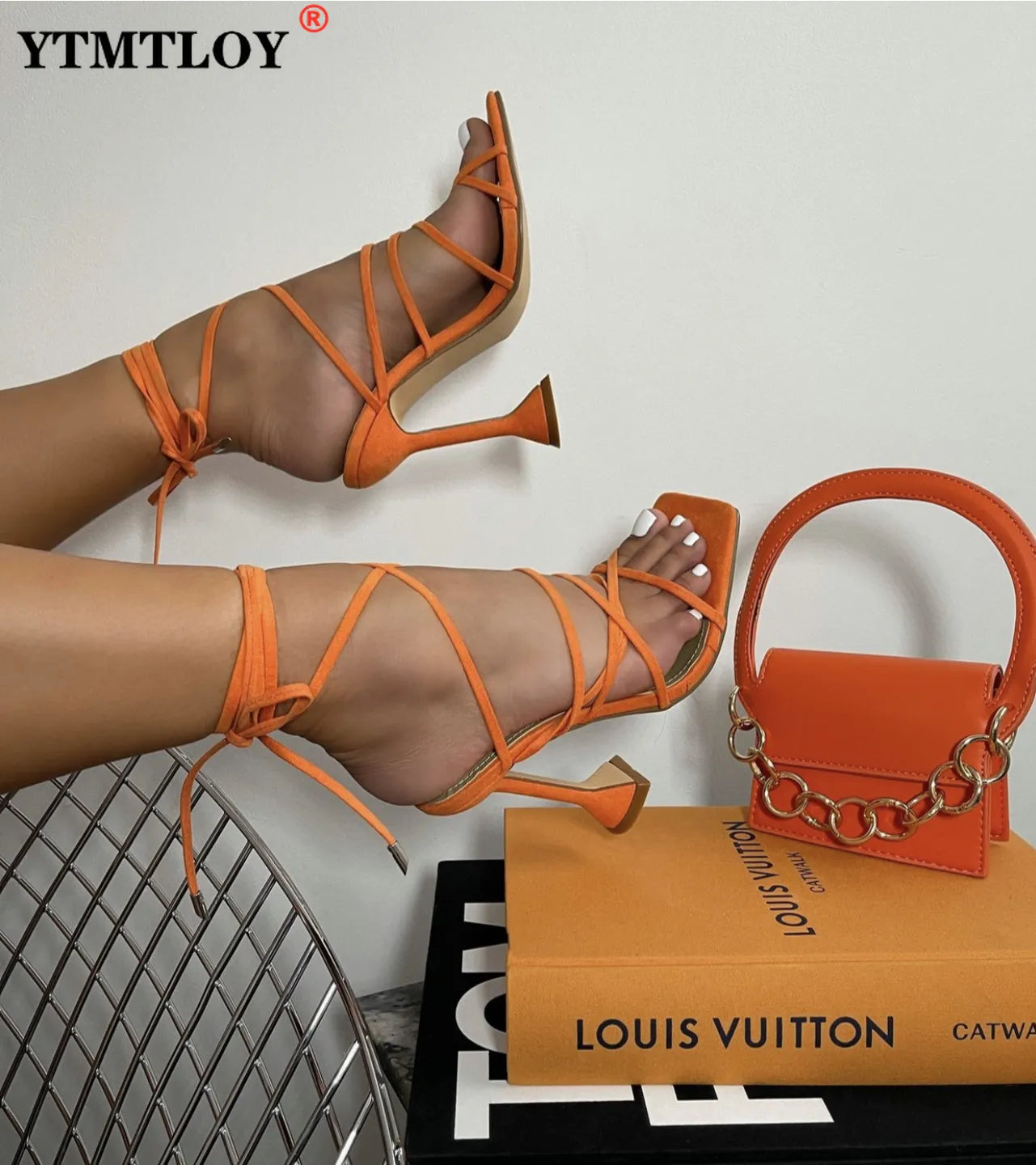Orange Cross Lace-Up Stiletto High Heels