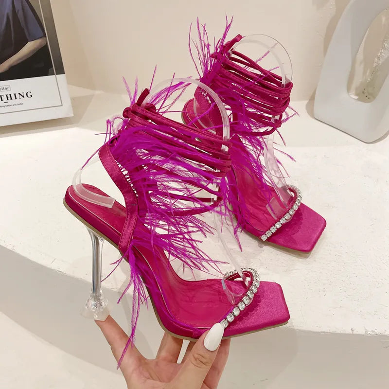 Rose Rhinestone Feather Lace-up Square Toe High Heels