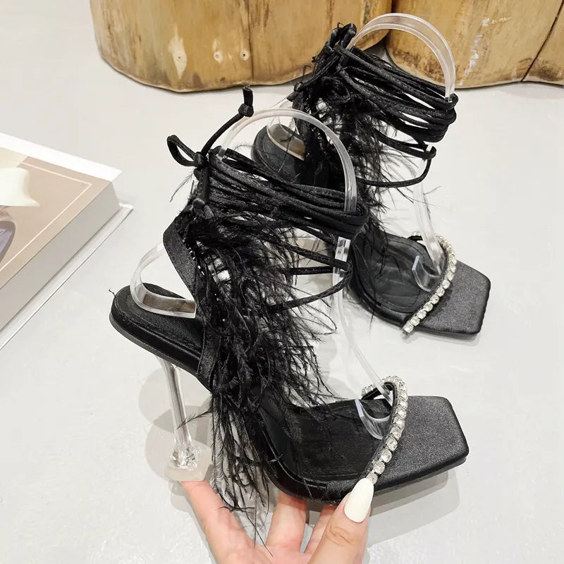 Black Rhinestone Feather Lace-up Square Toe High Heels