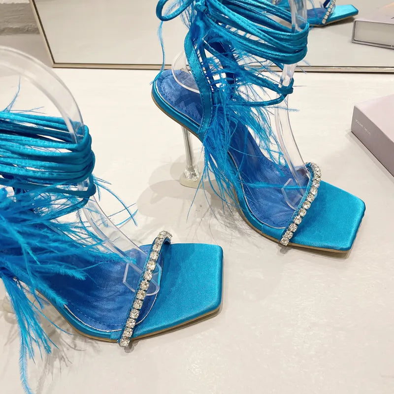 Blue Rhinestone Feather Lace-up Square Toe High Heels