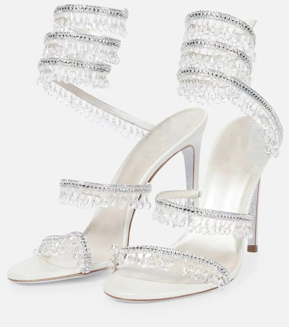Short White Tassel Crystal Stiletto Heels