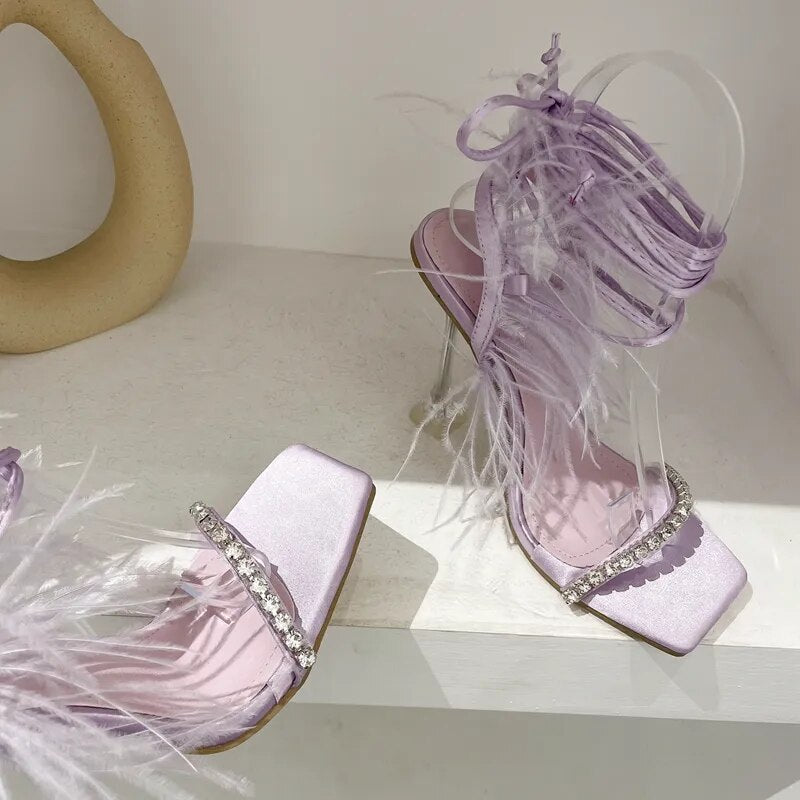 Purple Rhinestone Feather Lace-up Square Toe High Heels