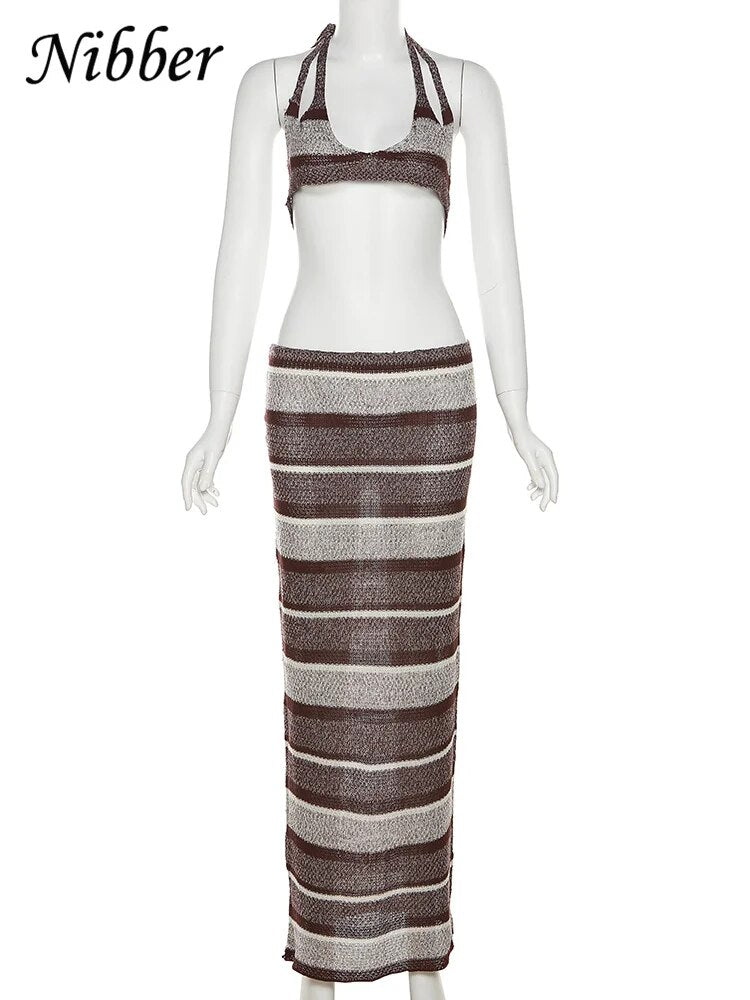 Knit Stripe Crochet Two Piece Set Women Halter Backless Bra +Low Waist Wraps Long Skirt Female Beach Outfits Suit