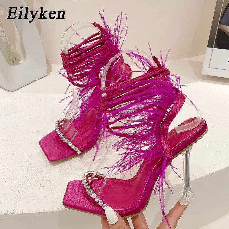 Rose Rhinestone Feather Lace-up Square Toe High Heels